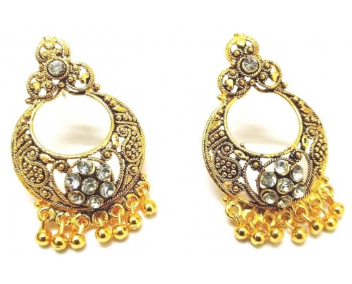 Gold Oxidized Earring Jhumka Jhumki Push Back Drop Dangle Weddin III White Stones